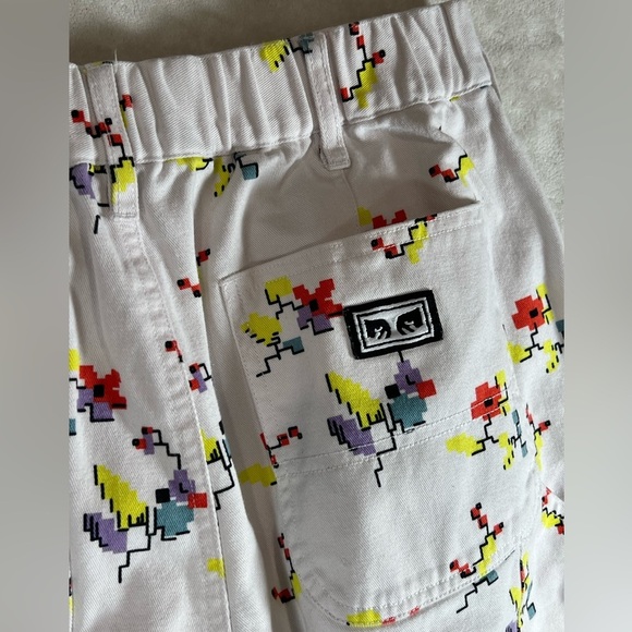 Obey Women’s Size 27 White Carpenter Cotton Pants with 8-Bit Floral Print Bug - Picture 9 of 13